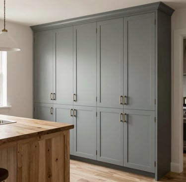 A close-up view of a wooden cabinet with a metallic handle. The cabinet door is partially open, revealing an empty shelf inside. The countertop above is dark, contrasting with the light wood of the cabinet.