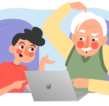 a man and woman sitting at a laptop computer