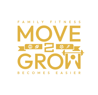 Logo della palestra Move 2 Grow con il testo 'Family Fitness - Move 2 Grow - Becomes Easier' in colore dorato e icone sportiv