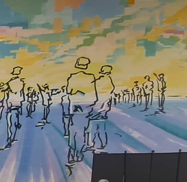 Mural of outlined people walking