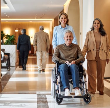 Rollstuhlfahrer mit zwei Begleitpersonen in Hotellobby, im Hintergrund älteres Paar