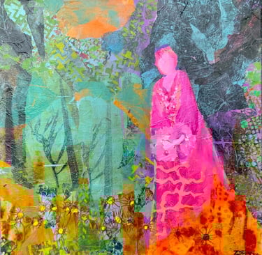 Lady in Forest. Acrylic collage fantasy fairy