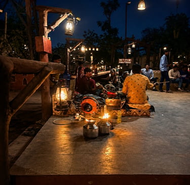Musicians playing traditional Indian folk instruments at a night outdoor cultural event with lanterns.