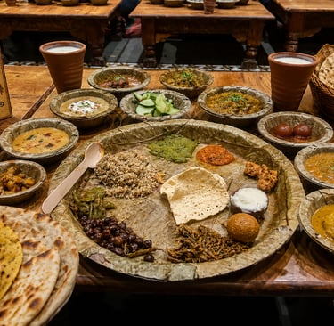 Traditional Rajasthani thali meal at Chokhi Dhani featuring diverse curries, roti, and buttermilk.
