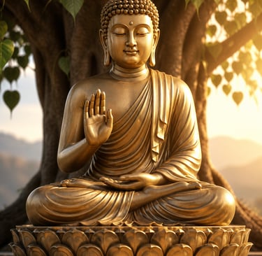 Golden Buddha statue sitting in meditation under a Bodhi tree at sunrise.