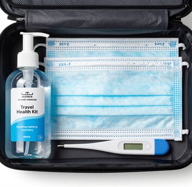 Travel health kit with hand sanitizer, blue surgical face masks, and a digital thermometer in a black pouch.
