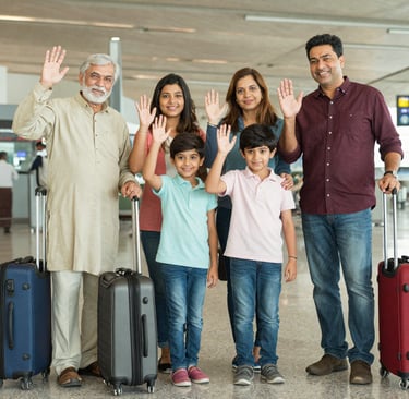 Happy Pakistani family summer travel departure airport health tips