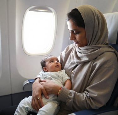 Mother holding baby on airplane infant travel health tips Pakistan summer