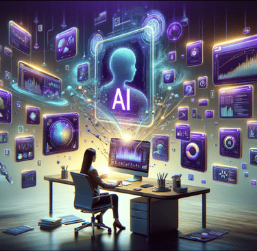 DALL-E created image: a woman sitting at a desk with a laptop and screens are in the air