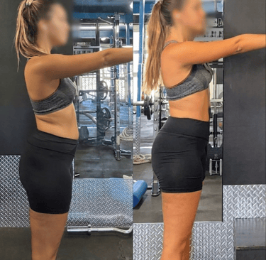 Side profile of a woman's fitness transformation showing weight loss and muscle toning progress in a gym.