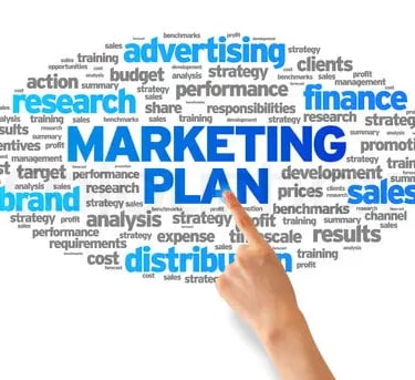 A hand is pointing to the words "Marketing Plan" in the center of a word cloud featuring terms.