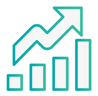 A blue icon of a bar graph with three ascending bars and an upward-pointing arrow.