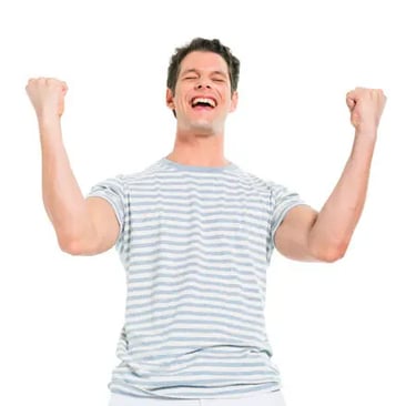 A person wearing a striped shirt raises both fists in the air, smiling broadly, appearing to celebrate