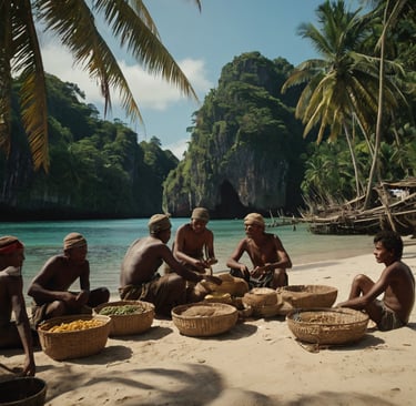 Pessoas comerciando em uma ilha