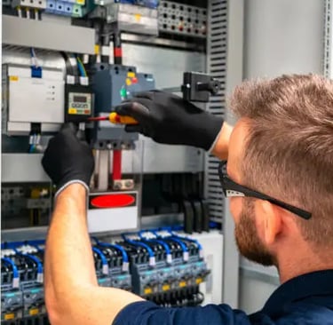 a man in a blue shirt and gloves is working on a machine