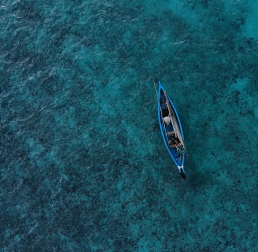 Aerial view of a small blue boat floating on the clear turquoise waters of Rodrigues Island