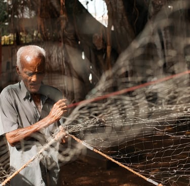Elderly fisherman Freddy repairing fishing nets under banyan tree, Mahebourg waterfront, Mauritius