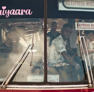 Street photography Mahebourg, passengers on the 252 Express Saiyaara bus, Mauritius