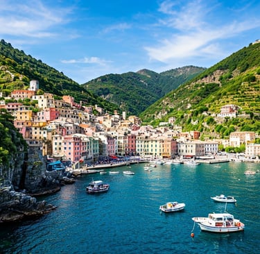 Colorful village houses of Cinque Terre perched on cliffside overlooking the Mediterranean Sea