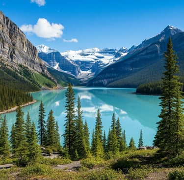 Turquoise waters of Lake Louise, Canada, surrounded by snow-capped mountains and lush forests.