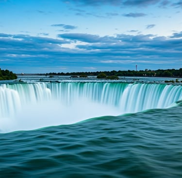 Breathtaking view of Niagara Falls from the observation deck with vibrant rainbow over the cascading