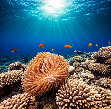 Vibrant coral formations and diverse marine life at the Great Barrier Reef, Australia.