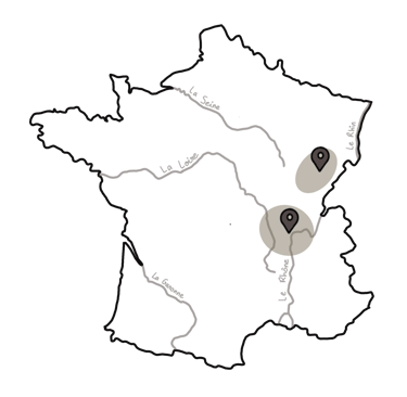 Carte zones intervention Studio 975 - Lyon métropole et Bourgogne-Franche-Comté - architecte int