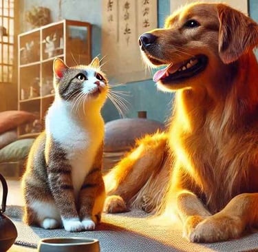A cat and dog relaxing in a Feng Shui-inspired room, designed to create a cozy, balanced, and energetic living space.
