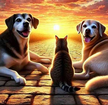 Two joyful dogs and a relaxed cat enjoying nature, symbolizing natural grounding and holistic pet healing.