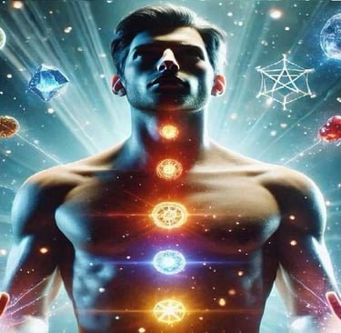 A man renewing his energy and achieving balance through the power of healing crystals, surrounded by a calming aura.