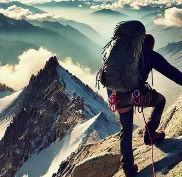 A man climbing a mountain, symbolizing the transformative power of spiritual connection in boosting self-confidence.