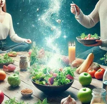 Two people sitting at a table filled with nourishing foods, representing spiritual nutrition for detox, energy, and peace.