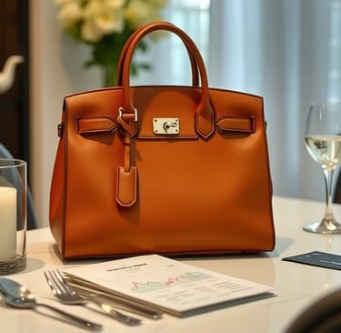 a birkin purse with a candle and a glass of wine