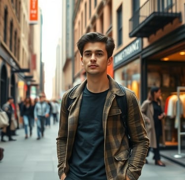 a man in a jacket and jeans standing in a city