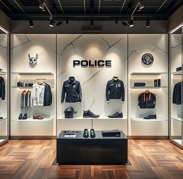 The image showcases a sleek and modern retail space for the Italian fashion brand Police.