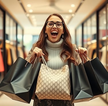 A woman excited and holding luxury shopping bags