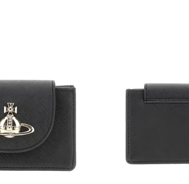 a black  vivienne westwood wallet with a silver metal clasp and a silver metal clasp