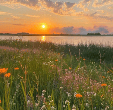 a beautiful sunset over a lake with orange flowers 