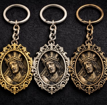 llaveros personalizados para hermandad en acabado oro , plata, bronce