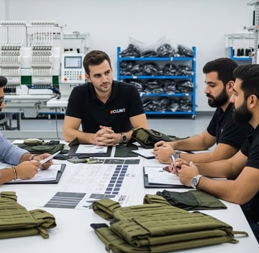 Zestlet OEM team reviewing tactical uniform customization and private-label packaging options for international clients.
