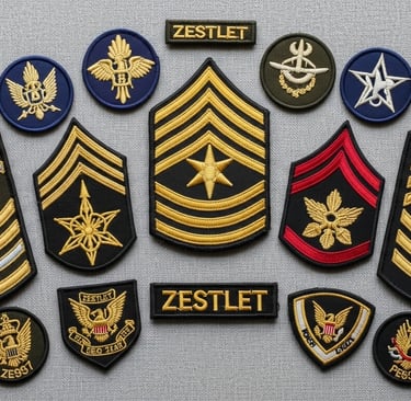ssorted military rank insignia and embroidered patches Various ZESTLET embroidered military rank insignia and patches display