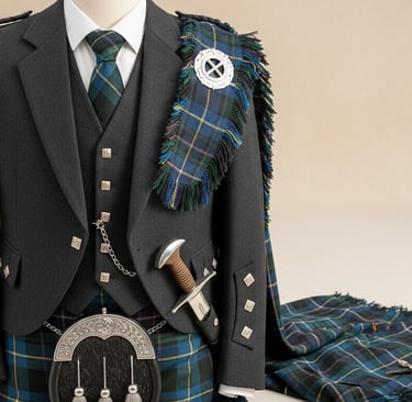 Prince Charlie jackets, Argyle jackets, and waistcoats are tailored from premium wool, adorned with traditional silver button