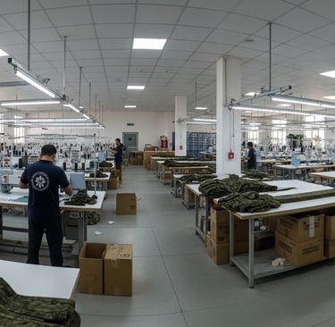 Zestlet tactical gear production facility in Sialkot showing cutting, stitching, and inspection zones under ISO-certified wor