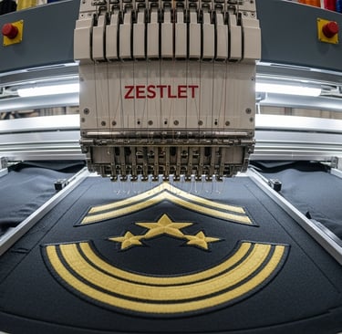 Modern embroidery machine embroidering military rank badges at ZESTLET’s military uniform production facility.