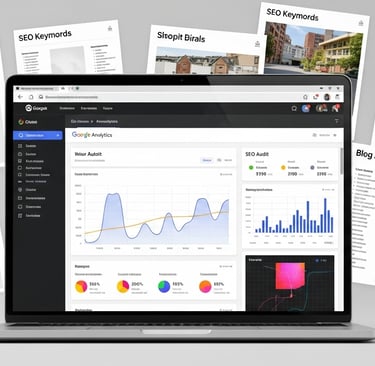 Zestlet SEO strategy tools including keyword trackers, analytics dashboards, and blog content for tactical gear manufacturers