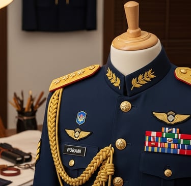 ZESTLET ceremonial military dress uniform with gold epaulettes, embroidered rank insignia, and polished brass buttons display