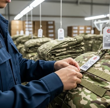 Zestlet quality assurance specialist inspecting tactical gear for stitching accuracy and packaging compliance in ISO 9001-cer