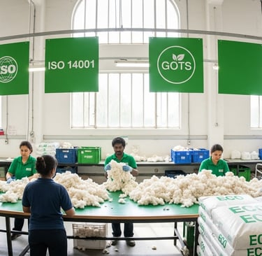 Zestlet sustainable manufacturing practices including organic cotton sourcing, ISO 14001 waste syste