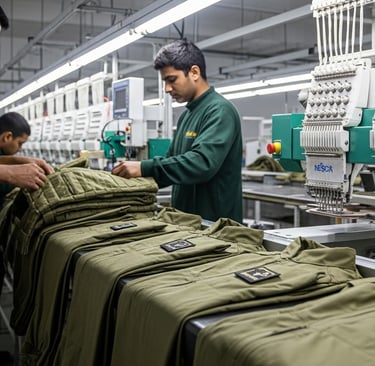 Tactical uniform production including shirts, pants, vests, and jackets at Zestlet’s ISO-certified facility in Pakistan.