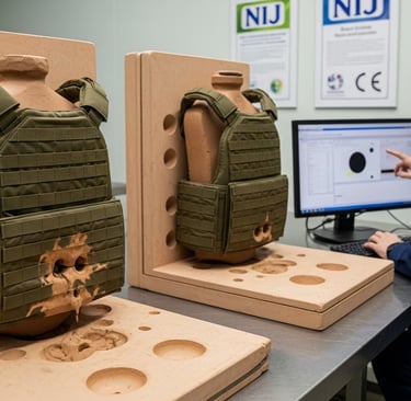 Zestlet ballistic vest testing according to NIJ 0101.06 standards at a certified lab using live ammunition and BFD measuremen